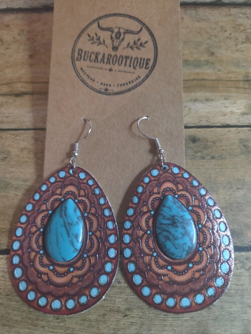 Western Turquoise Tooled Teardrop Earrings Boho Rodeo Cowgirl Jewelry